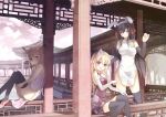 3girls animal_ears bare_legs black_hair black_legwear blonde_hair blush bunny_ears cat_ears cat_pose china_dress chinese_architecture chinese_clothes cloud clouds east_asian_architecture elbow_gloves floral_print flower fox_ears gloves hair_flower hair_ornament hair_ribbon highres lake long_hair multiple_girls open_mouth original paw_pose pink_sky purple_eyes red_eyes ribbon sitting sky spirtie thigh-highs thighhighs violet_eyes water zettai_ryouiki