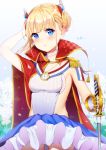  1girl abcfj1739839210 absurdres armpits artist_name azur_lane blonde_hair blue_eyes blush breasts cape clock epaulettes floral_background gauntlets hair_ornament hand_on_head highres le_triomphant_(azur_lane) looking_at_viewer rapier small_breasts solo sword weapon 