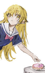  1girl absurdres blonde_hair cokei commentary_request doughnut food highres long_hair monogatari_(series) oshino_shinobu plate short_sleeves simple_background solo vampire yellow_eyes 