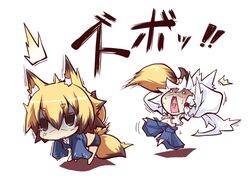  animal_ears bike_shorts brown_eyes brown_hair chibi detached_sleeves fox_ears fox_tail holding_another's_tail long_hair multiple_girls multiple_tails original reku ripping sanbi_(reku) shiroko_(reku) shocked_eyes short_hair shorts silver_hair tail tail_grab turn_pale 