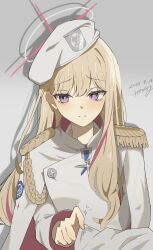  1girl absurdres aiguillette artist_name beret blonde_hair blonde_student_council_president_(blue_archive) blue_archive clone_(user_atad4545) closed_mouth coat commentary dated epaulettes formal_clothes grey_background halo hat highres long_hair looking_to_the_side multicolored_hair multicolored_halo red_halo shadow simple_background solo straight-on streaked_hair two-tone_hair two-tone_halo upper_body violet_eyes white_coat white_halo white_hat 