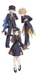 1girl 2boys :d arm_behind_back black_dress black_hat black_jacket black_pants black_shoes blue_oak blue_oak_(champion) bowing brown_hair commentary_request dress gloves hair_flaps hand_up hat highres jacket leaf_(champion)_(pokemon) leaf_(pokemon) long_sleeves multiple_boys official_alternate_costume open_mouth pants pokemon pokemon_masters_ex pom_107 red_(champion)_(pokemon) red_(pokemon) shoes sidelocks simple_background smile standing white_background 