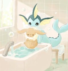  bathtub bubble carrying closed_mouth commentary_request eevee frown indoors mouth_hold no_humans pokemon pokemon_(creature) pokemon_focus rioon_fish sunlight table towel vaporeon water window 