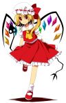  ascot blonde_hair dress flandre_scarlet hat hat_ribbon highres izakiai konase_(non_stop!) laevatein mary_janes red_eyes ribbon shoes side_ponytail smile solo the_embodiment_of_scarlet_devil touhou wings 