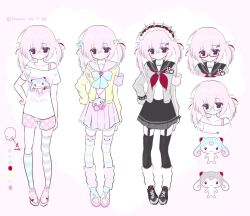 1girl 2000s_(style) adorable animal_hair_ornament aqua-framed_eyewear aqua_socks artist_name background_request black_sailor_collar black_skirt black_thighhighs blue_thighhighs blush bra_strap bracelet bunny_hair_ornament color_guide creature cute cutecore double-parted_bangs faux_retro_artstyle female female_only flat_chest full_body glasses grey_jacket hair_ornament hand_on_hip hand_on_own_hip headdress heart heisei_retro jacket kawaii kawaiicore leg_warmers long_sleeves looking_at_viewer medium_hair mismatched_legwear mismatched_socks mismatched_thighhighs moe mole multicolored_socks multicolored_thighhighs narutomaki neckerchief off_shoulder omunako13 open_jacket original pajamas pale_skin parallel_hairclips pastel_colors pin pink_hair pink_leg_warmers pink_shorts pink_skirt pink_thighhighs polka_dot polka_dot_shorts rabbit_hair_ornament red-framed_eyewear red_eyes red_neckerchief sailor_collar school_uniform shirt shoes short_sleeves shorts skirt sleeves_past_fingers sleeves_past_wrists sneakers spiked_bracelet spikes strap strawberry striped striped_clothes striped_socks striped_thighhighs thigh-highs twintails two-tone_socks two-tone_thighhighs white_leg_warmers white_shirt white_socks wholesome yami_kawaii yellow_jacket yume_kawaii