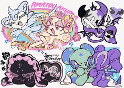  2girls 4others :d ^_^ amatou_akuma animal_ears black_sclera blue_sclera chibi chibi_only chibikemo claws closed_eyes colored_sclera crown demon demon_horns demon_tail demon_wings eyepatch flower furry furry_female hairband hand_on_own_face hand_up heart heart-shaped_pillow hibiscus highres horns lolita_hairband looking_at_viewer lying multiple_girls multiple_others on_stomach original parau_(amatou_akuma) pawpads pillow pink_eyes reclining sitting smile stitches symbol-shaped_pupils tail violet_eyes white_eyes wings x-shaped_pupils 