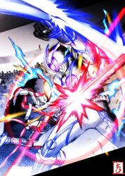  2boys armor belt black_bodysuit blue_fire bodysuit crowd energy_sword faiz_driver faiz_edge fighting fire glowing glowing_eyes helmet highres holding holding_sword holding_weapon kamen_rider kamen_rider_555 kamen_rider_555:_paradise_lost kamen_rider_faiz kamen_rider_psyga male_focus mandalorian_helmet moroboshi_yuugo multiple_boys psyga_driver psyga_tonfa_edge rider_belt stadium sword tokusatsu tonfa violet_eyes weapon yellow_eyes 