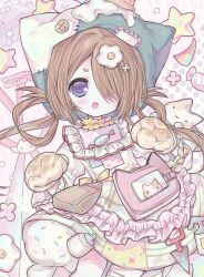  1girl 2000s_(style) :3 :d absurdres accurate_lolita_coord animal_hat brown_hair buttons cat cat_hat child commission cowboy_shot dress egg_hair_ornament faux_retro_artstyle food-themed_hair_ornament frilled_dress frills hair_ornament hair_over_one_eye hair_rings hat highres juju_(ccllrr) lolita_fashion long_hair looking_at_viewer low_twintails multicolored_dress original oven_mitts pastel_colors smile solo star_(symbol) sweet_lolita twintails very_long_hair violet_eyes yume_kawaii 