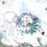  blush breasts cirno cryptanth dress fairy hat highres ice lavender_hair letty_whiterock multiple_girls no_eyes perfect_cherry_blossom ribbon scarf short_hair snow snowman tears touhou wings 