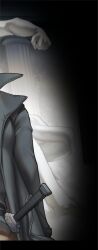  1boy akira_yoru black_coat coat cowboy_shot male_focus omniscient_reader's_viewpoint open_clothes open_coat out_of_frame popped_collar scabbard sheath solo statue yoo_joonghyuk 