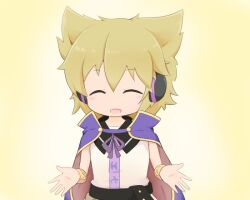  1girl :d ^_^ blonde_hair blue_cape bracelet cape closed_eyes commentary_request double-parted_bangs dress earmuffs facing_viewer gomashio_(goma_feet) jewelry open_mouth pointy_hair short_hair sleeveless sleeveless_dress smile solo touhou toyosatomimi_no_miko upper_body white_dress yellow_background 