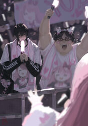  1girl 2boys ^_^ absurdres arms_up black-framed_eyewear black_eyes black_hair blurry blurry_background blurry_foreground closed_eyes closed_mouth commentary_request concert day depth_of_field double_chin excited fat fat_man fence glasses glowstick hands_up happy highres holding holding_glowstick holding_microphone idol juminhaw777 korean_commentary long_sleeves looking_at_another male_focus medium_hair microphone motion_blur multiple_boys open_mouth original otaku outdoors pink_hair rectangular_eyewear short_hair short_sleeves singing smile thick_arms 