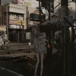  1girl 7-eleven absurdres arms_behind_back blurry brown_eyes brown_hair building cardigan chain-link_fence commentary_request day fence foot_out_of_frame grey_skirt highres ichikawa_hinana idolmaster idolmaster_shiny_colors leaning_to_the_side long_hair long_sleeves looking_at_viewer miniskirt narue open_cardigan open_clothes open_mouth outdoors overhead_line photo_background railroad_crossing railroad_tracks school_uniform shirt skirt smile solo standing utility_pole white_shirt yellow_cardigan 