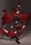  1girl belt black_eyes black_hair boots breasts cape chen_jun-zou corset cross hood pantyhose ruby_(rwby) rwby scythe shadow short_hair solo 