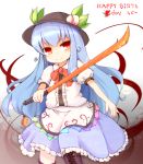  apron blue_hair boots bow chain cross-laced_footwear dress food fruit hat highres hinanawi_tenshi lace-up_boots long_hair payot peach red_eyes ribbon shiro_tsugumi smile solo sword sword_of_hisou tassel touhou weapon 