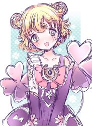  1girl absurdres blonde_hair blush bow clover clover_print commentary_request detached_sleeves double_bun dress gohan_004 hair_bun highres magical_girl mahou_shoujo_ikusei_keikaku mahou_shoujo_ikusei_keikaku_aces open_mouth premium_sachiko purple_dress white_bow 