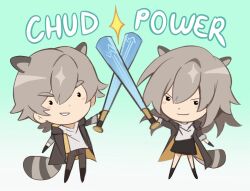  1boy 1girl adxrn animal_ears aqua_background arm_up baseball_bat black_boots black_eyes black_gloves black_jacket black_pants black_skirt blush_stickers boots caelus_(honkai:_star_rail) chibi chibi_only closed_mouth dual_persona english_commentary english_text full_body gloves gradient_background grey_hair hair_between_eyes highres holding holding_baseball_bat honkai:_star_rail honkai_(series) hood hooded_jacket jacket kemonomimi_mode long_hair long_sleeves looking_at_viewer miniskirt open_clothes open_jacket pants raccoon_boy raccoon_ears raccoon_girl raccoon_tail shirt short_hair simple_background skirt smile sparkle standing stelle_(honkai:_star_rail) t-shirt tail teeth trailblazer_(honkai:_star_rail) two-sided_fabric two-sided_jacket two-tone_background v-shaped_eyebrows white_background white_shirt yellow_jacket 