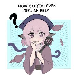  1girl ? animal_ears bird_ears blue_headscarf brown_kimono commentary eel english_commentary headscarf highres holding holding_spatula japanese_clothes kimono long_sleeves looking_at_viewer medium_hair mystia_lorelei okamisty open_mouth pink_eyes pink_hair solo spatula touhou upper_body wide_sleeves xinumizu 