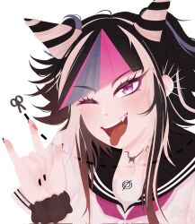  1girl \m/ alternate_hair_length_(shorter) alternate_hairstyle black_hair black_nails black_sailor_collar black_scrunchie blue_hair blue_streaks blush commentary danganronpa_(series) danganronpa_2:_goodbye_despair dotted_line english_commentary eyelashes fang fingernails floofimochii hair_horns highres mioda_ibuki multicolored_hair nail_polish one_eye_closed open_mouth pink_hair pink_streaks sailor_collar scissors scrunchie short_hair signature simple_background smile solo streaked_hair teeth tongue tongue_out upper_teeth_only violet_eyes white_background white_hair wrist_scrunchie 