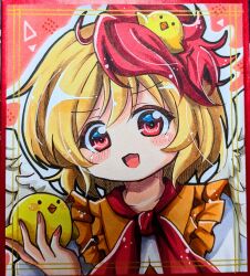  1girl :d absurdres animal animal_on_head baby_animal bird blonde_hair chick collared_shirt commentary_request commission feathered_wings frilled_shirt_collar frills highres holding holding_animal looking_at_viewer multicolored_hair nashikajyu neckerchief niwatari_kutaka on_head open_mouth red_background red_eyes red_hair red_nails red_neckerchief shirt short_hair smile solo touhou traditional_media two-tone_hair white_shirt white_wings wings 