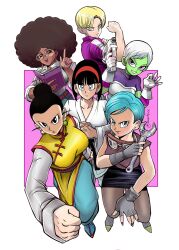  6+girls afro alt_text amartbee android_18 belt big_hair black_belt black_eyes black_hair blonde_hair blue_eyes blue_hair book breasts brown_eyes brown_hair bulma cheelai chi-chi_(dragon_ball) chinese_clothes clenched_hand closed_mouth colored_skin commentary derivative_work dougi dragon_ball dragon_ball_super dragon_ball_super_super_hero dress earrings english_commentary eyelashes fingerless_gloves fingernails foreshortening gloves goggles goggles_around_neck green_skin grey_gloves gun hair_bun hairband hand_on_own_arm highres holding holding_book holding_gun holding_weapon holding_wrench index_finger_raised janet_(dragon_ball) jewelry lips long_sleeves multiple_girls nekomata_okayu ok_sign open_book open_mouth own_hands_together qipao red_eyes red_hairband short_hair single_hair_bun smile teeth upper_teeth_only very_short_hair videl violet_eyes weapon white_gloves white_hair wrench yellow_dress 