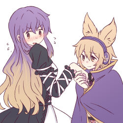  2girls black_dress blonde_hair blush cloak closed_mouth commentary_request cross-laced_clothes cross-laced_dress dress earmuffs embarrassed fukodesu gradient_hair hair_between_eyes hand_grab highres hijiri_byakuren layered_dress long_hair long_sleeves multicolored_hair multiple_girls neck_ribbon pointy_hair purple_cloak purple_hair purple_ribbon ribbon simple_background smile touhou toyosatomimi_no_miko white_background white_dress yellow_eyes yuri 