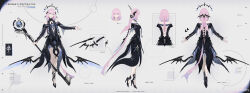  1girl absurdres backless_dress backless_outfit bare_back bare_shoulders black_dress braid braided_ponytail chinese_commentary clothing_cutout commentary copyright_name dress energy_wings hair_wings headgear highres holding holding_staff incredibly_absurdres ishmael:_parhelion_(pgr) ishmael_(pgr) long_hair low_ponytail low_wings mechanical_wings multiple_views pink_hair ponytail punishing:_gray_raven reference_sheet shoulder_blades staff stomach_cutout tk_production typo very_long_hair watermark weibo_username weibo_watermark wings 