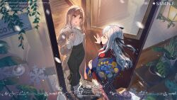  2girls argyle_clothes argyle_skirt bang_dream! bang_dream!_it's_mygo!!!!! black_ribbon blue_eyes blue_hair blush bouquet breasts brown_hair brown_jacket commentary_request commission doorway floating_hair from_above hair_ribbon hand_up highres holding holding_bouquet jacket large_breasts long_hair long_skirt long_sleeves looking_at_another multiple_girls nagasaki_soyo open_mouth red_shirt ribbon sample_watermark shirt shoes sidelocks skirt togawa_sakiko watermark white_shirt white_shoes xuya_xy yellow_eyes 