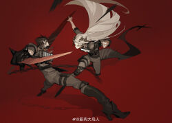  1boy 1girl absurdres arknights beard_stubble black_boots black_hair blade_arm body_armor boots bow chain chinese_commentary clenched_hand commentary duel facial_hair fighting floating_hair grey_pants grey_shirt highres horns jesselton_williams_(arknights) jinrou_da_niao_ren knee_pads long_hair official_alternate_costume orange_eyes pants red_bow saria_(arknights) saria_(the_law)_(arknights) shadow shirt short_hair shoulder_pads sleeves_rolled_up stubble tail very_long_hair watermark weibo_username weibo_watermark 