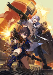  1boy 1girl absurdres black_boots black_hair black_jacket black_pants black_shoes black_skirt blue_jacket blue_streaks blue_trim boots clenched_teeth cocodar commentary copyright_name copyright_notice day dirty dirty_face dirty_leg firing from_below gun highres holding holding_gun holding_shield holding_weapon ichinose_uruha ichinose_uruha_(4th_costume) jacket katana kneeling long_hair long_sleeves multicolored_hair neo-porte official_art open_clothes open_jacket open_mouth pants pleated_skirt shield shirayuki_reid shirt shoes skirt standing streaked_hair sword teeth v-shaped_eyebrows violet_eyes virtual_youtuber vspo! weapon white_jacket white_shirt xross_stars 