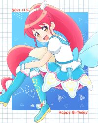  1girl aqua_boots aqua_skirt asutaro_maru blush boots brown_eyes commentary_request dated english_text eyelashes full_body hand_on_own_leg happy_birthday heart highres long_hair looking_at_viewer open_mouth pink_hair ponytail pretty_series pripara puffy_short_sleeves puffy_sleeves shiratama_mikan shirt short_sleeves skirt smile solo very_long_hair white_shirt 