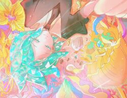  1other androgynous aqua_hair black_necktie black_suit closed_eyes closed_mouth collared_shirt colored_eyelashes crystal_hair flower gem_uniform_(houseki_no_kuni) houseki_no_kuni irigoma_15 jellyfish lying medium_hair necktie on_side phosphophyllite puffy_short_sleeves puffy_sleeves ripples seashell shell shirt shore short_sleeves smile suit upside-down water white_shirt yellow_flower 