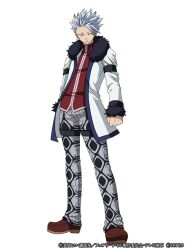  1boy artist_request black_eyes black_pants blue_trim brown_shoes clenched_hand closed_mouth coat collared_vest commentary_request copyright_name copyright_notice fairy_tail fairy_tail:_ultimate_dance_of_magic full_body fur-trimmed_coat fur-trimmed_sleeves fur_trim grey_pants long_sleeves looking_to_the_side lyon_bastia male_focus official_art open_clothes open_coat pants pink_trim print_pants red_vest second-party_source shoes short_hair simple_background solo spiky_hair standing vest white_coat white_hair 