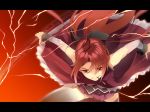 bare_legs bare_shoulders detached_sleeves electricity fate/stay_night fate_(series) gae_bolg grin highres kakei letterboxed lightning long_hair magical_girl mahou_shoujo_madoka_magica motion_blur mouth_hold pocky polearm ponytail red_eyes red_hair redhead sakura_kyouko smile solo spear thigh-highs thighhighs weapon zettai_ryouiki 