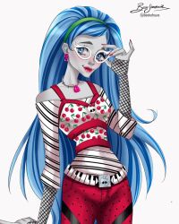 1girl artist_name bestedraws blue_eyes blue_hair cherry_print food_print fruit_print ghoulia_yelps glasses highres long_hair looking_at_viewer monster_high pants print_shirt red_pants shirt signature simple_background sleeveless sleeveless_shirt solo white-framed_eyewear white_background 