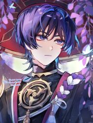  1boy black_kimono black_sleeves blue_hair blunt_ends blurry blurry_background closed_mouth colored_inner_hair commentary covered_collarbone dated english_commentary expressionless eyeliner flower fuwafuwa_matcha genshin_impact gold grey_veil hair_intakes hat highres japanese_clothes jewelry jingasa juban kimono looking_to_the_side lower_eyelashes_only makeup male_focus mandarin_collar mitsudomoe_(shape) multicolored_hair neck_ring portrait purple_hair purple_rope red_eyeliner red_hat red_kimono rope scaramouche_(genshin_impact) scaramouche_(harbinger)_(genshin_impact) shimenawa single_sode solo tassel tomoe_(symbol) twitter_username veil violet_eyes watermark white_kimono white_rope wispy_bangs wisteria wolf_cut 