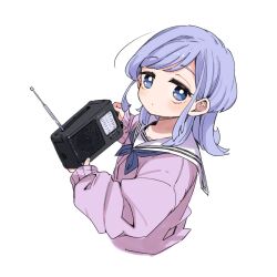  blue_eyes blue_hair highres holding_radio jellyfish_cut looking_at_viewer mizuo_kurage mota purple_serafuku radio sailor_collar school_uniform serafuku short_hair simple_background someone_hertz upper_body white_background white_sailor_collar 