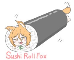  1girl :3 animal_ear_fluff animal_ears blonde_hair blush commentary_request english_text flayed_skin food fox_ears fox_girl fox_tail full_body green_ribbon hair_between_eyes kudamaki_tsukasa looking_to_the_side makizushi motion_lines open_mouth oversized_food oversized_object pun ribbon romper short_hair short_sleeves simple_background smile solo sushi tail touhou warosufox white_background white_romper yellow_eyes 