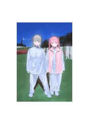  2girls bloom blue_sky border chinese_clothes closed_mouth day fcx4l field film_grain full_body grey_eyes grey_hair highres jacket legs_apart long_hair long_sleeves looking_at_viewer multiple_girls original outdoors pants pink_eyes pink_hair pink_vest side-by-side sky smile standing tangzhuang twintails vest white_border white_jacket white_pants 