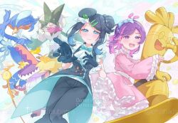  2girls black_hair black_sclera blue_eyes blue_hair blush body_fur breasts claws closed_eyes closed_mouth colored_inner_hair colored_sclera commentary_request dot_(pokemon) dress fire frilled_dress frills furry gholdengo green_fur hair_bun hair_ornament hairclip hat holding_hands liko_(pokemon) long_sleeves meowscarada multicolored_hair multiple_girls oonishiki_tsubame open_mouth pants parallel_hairclips petals pink_dress pokemon pokemon_(anime) pokemon_(creature) pokemon_horizons purple_hair quaquaval shirt skeledirge smile teeth yellow_eyes 