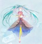  10t 1girl aqua_hair closed_eyes eyes_closed hatsune_miku highres long_hair plate solo tears thighhighs tray twintails vertical-striped_legwear vertical_stripes very_long_hair vocaloid yellow_legwear 