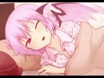  alternate_costume animal_ears ayagi_daifuku bed blanket blush bust fang hat hat_removed headwear_removed looking_at_viewer lying lying_on_side mystia_lorelei on_side open_mouth pajamas pillow pink_hair red_eyes solo touhou under_covers waking_up wings wink 