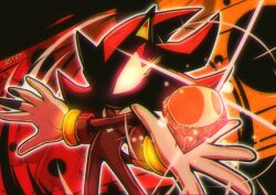  1boy armlet black_fur chaos_emerald furry furry_male gem gloves glowing glowing_eyes gold_armlet hedgehog_boy highres jewelry just_icyyy red_eyes red_gem shaded_face shadow_the_hedgehog short_tail sonic_(series) tail two-tone_fur white_gloves 