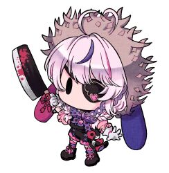  1girl ahoge chibi chibi_only cleaver commentary_request eyepatch full_body gloves hat heart heart_ahoge highres holding holding_cleaver kurahashi_moka maria_marionette maria_marionette_(farmer) nijisanji nijisanji_en no_mouth simple_background solid_eyes solo straw_hat virtual_youtuber white_background 