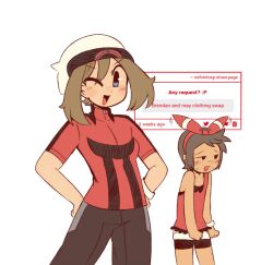  1boy 1girl :d ;d bare_shoulders bike_shorts black_pants black_shorts blue_eyes blush bow bow_hairband breasts brendan_(pokemon) brendan_(pokemon)_(cosplay) brown_hair camisole commentary cosplay costume_switch crossdressing crossdressing_(ftm) crossdressing_(mtf) embarrassed english_commentary english_text fan_request hair_bow hairband hands_on_own_hips highres looking_at_viewer may_(pokemon) may_(pokemon)_(cosplay) one_eye_closed open_mouth pants pokemon pokemon_omega_ruby_and_alpha_sapphire red_bow red_camisole red_hairband red_shirt request_inset shirt short_hair short_sleeves shorts small_breasts smile sofo_soup sweat white_background 