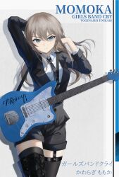  1girl absurdres arm_behind_head bass_guitar black_boots black_necktie black_shorts blazer boots brown_hair buttons character_name chinese_commentary closed_mouth collared_shirt commentary_request commission copyright_name cowboy_shot girls_band_cry grey_background grey_eyes grey_necktie hair_between_eyes hands_in_own_hair highres instrument jacket kawaragi_momoka lapels long_hair long_sleeves mihuashi_commission mixed-language_commentary necktie shirt shorts solo standing thigh_boots white_shirt xingfeng_xf 