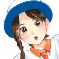  100backji 1girl :o braid brown_eyes brown_hair collared_shirt commentary_request eyelashes hat highres juliana_(pokemon) korean_commentary looking_at_viewer necktie open_mouth orange_necktie pokemon pokemon_scarlet_and_violet portrait shirt simple_background solo teeth upper_teeth_only white_background white_hat white_shirt 