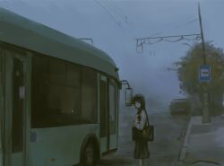  1girl bag bag_charm black_bag black_eyes black_hair black_skirt bus car charm_(object) commentary expressionless foot_out_of_frame from_side haze highres holding_strap looking_at_viewer medium_hair medium_skirt motor_vehicle muted_colors original outdoors overcast pleated_skirt power_lines road scenery school_bag shirt sidewalk sitaoke232108 skirt sky solo street white_shirt wide_shot 