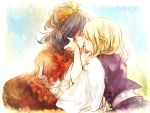  blonde_hair blue_hair closed_eyes eyes_closed hairband highres incipient_kiss kiguchiko moriya_suwako multiple_girls mutual_yuri no_hat no_headwear short_hair touhou yasaka_kanako yuri 