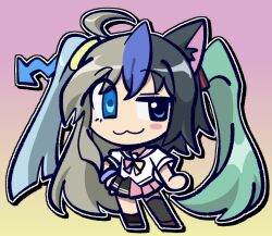  1girl arrow_(symbol) asymmetrical_eyes black_eyes blue_eyes blush bow bowtie chibi chibi_only chimerism fusion futaba_channel gradient_background heterochromia moetron multicolored_bow multicolored_bowtie semeukedotcom single_animal_ear solo split-color_clothes two-tone_bow two-tone_bowtie two-tone_sailor_collar yellow_bow yellow_bowtie 